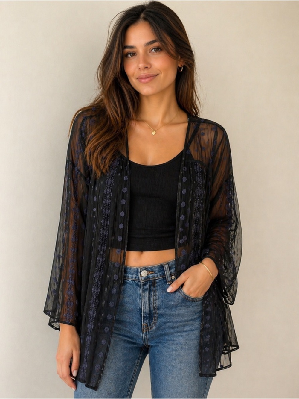 ZOA  New York Black Silk shirt Embroidered Open Tunic